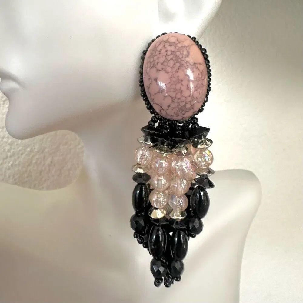 Pink and black beaded vintage statement earrings